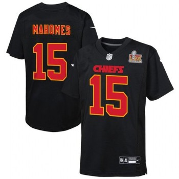 Youth Kansas City Chiefs #15 Patrick Mahomes Carbon Black Super Bowl LIX Patch Fashion Game Jersey Youth Kansas City Chiefs #15 Patrick Mahomes Carbon Black Super Bowl LIX Patch Fashion Game Jersey
