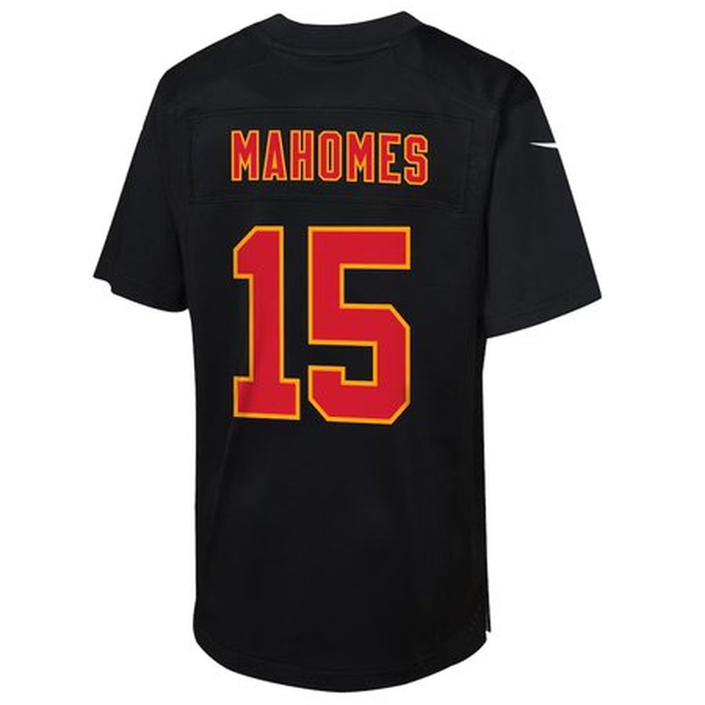 Youth Kansas City Chiefs #15 Patrick Mahomes Carbon Black Super Bowl LIX Patch Fashion Game Jersey