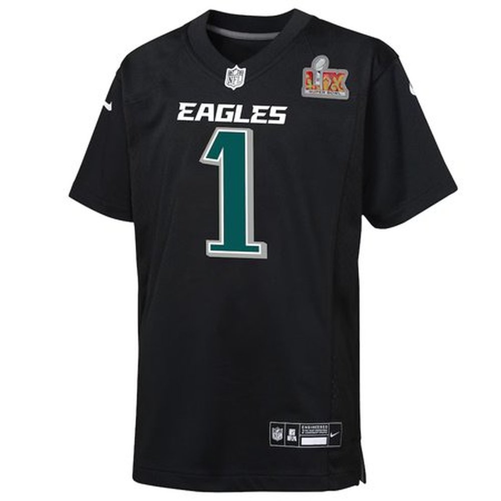 Youth Philadelphia Eagles #1 Jalen Hurts Carbon Black Super Bowl LIX Patch Fashion Game Player Jersey Youth Philadelphia Eagles #1 Jalen Hurts Carbon Black Super Bowl LIX Patch Fashion Game Player Jersey