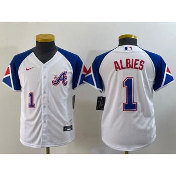 Youth Atlanta Braves #1 Ozzie Albies White 2023 City Connect With Patch Stitched Baseball Jersey Youth Atlanta Braves #1 Ozzie Albies White 2023 City Connect With Patch Stitched Baseball Jersey