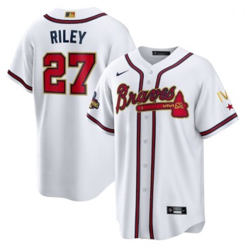 Youth Atlanta Braves #27 Austin Riley 2022 White/Gold World Series Champions Program Cool Base Stitched Jersey Youth Atlanta Braves #27 Austin Riley 2022 White/Gold World Series Champions Program Cool Base Stitched Jersey
