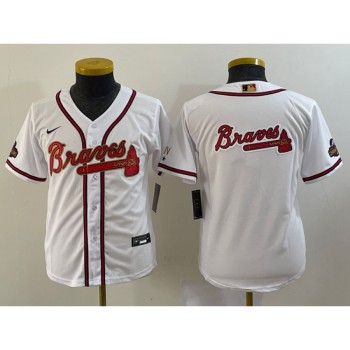 Youth Atlanta Braves Team Big Logo 2022 White Gold World Series Champions Program Stitched Jersey