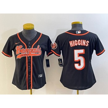 Youth Cincinnati Bengals #5 Tee Higgins Black With Patch Cool Base Stitched Baseball Jersey Youth Cincinnati Bengals #5 Tee Higgins Black With Patch Cool Base Stitched Baseball Jersey