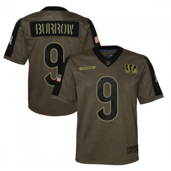 Youth Cincinnati Bengals #9 Joe Burrow 2021 Olive Salute To Service Limited Stitched Jersey Youth Cincinnati Bengals #9 Joe Burrow 2021 Olive Salute To Service Limited Stitched Jersey