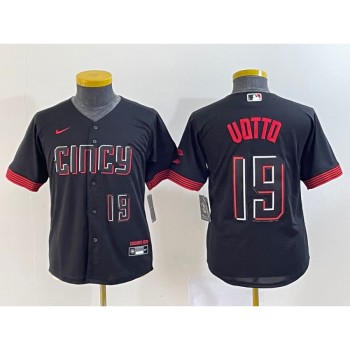 Youth Cincinnati Reds #19 Joey Votto Black 2023 City Connect With Patch Stitched Baseball Jersey Youth Cincinnati Reds #19 Joey Votto Black 2023 City Connect With Patch Stitched Baseball Jersey