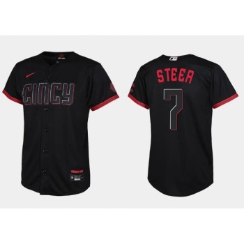 Youth Cincinnati Reds #7 Spencer Steer Black 2023 City Connect Stitched Baseball Jersey Youth Cincinnati Reds #7 Spencer Steer Black 2023 City Connect Stitched Baseball Jersey