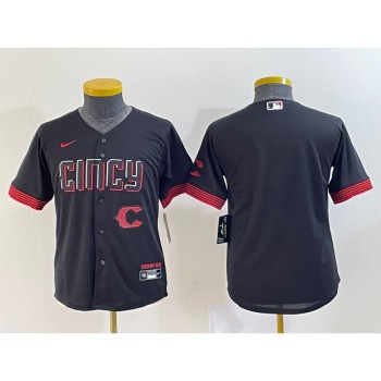Youth Cincinnati Reds Black 2023 City Connect With Patch Stitched Baseball Jersey Youth Cincinnati Reds Black 2023 City Connect With Patch Stitched Baseball Jersey