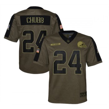Youth Cleveland Browns #24 Nick Chubb 2021 Olive Salute To Service Limited Stitched Jersey Youth Cleveland Browns #24 Nick Chubb 2021 Olive Salute To Service Limited Stitched Jersey