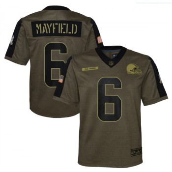 Youth Cleveland Browns #6 Baker Mayfield 2021 Olive Salute To Service Limited Stitched Jersey Youth Cleveland Browns #6 Baker Mayfield 2021 Olive Salute To Service Limited Stitched Jersey