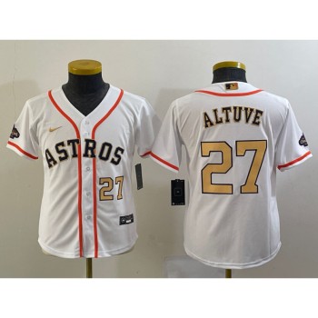 Youth Houston Astros #27 Jose Altuve White 2023 Gold Collection With World Serise Champions Patch Stitched Baseball Jersey Youth Houston Astros #27 Jose Altuve White 2023 Gold Collection With World Serise Champions Patch Stitched Baseball Jersey