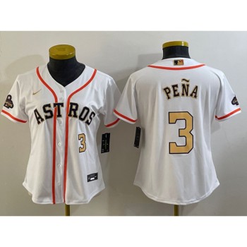 Youth Houston Astros #3 Jeremy Pena White 2023 Gold Collection With World Serise Champions Patch Stitched Baseball Jersey Youth Houston Astros #3 Jeremy Pena White 2023 Gold Collection With World Serise Champions Patch Stitched Baseball Jersey
