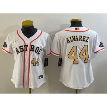 Youth Houston Astros #44 Yordan Alvarez White 2023 Gold Collection With World Serise Champions Patch Stitched Baseball Jersey Youth Houston Astros #44 Yordan Alvarez White 2023 Gold Collection With World Serise Champions Patch Stitched Baseball Jersey
