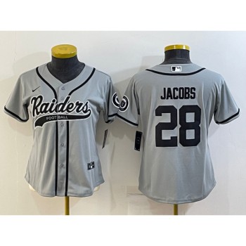 Youth Las Vegas Raiders #28 Josh Jacobs Grey With Patch Cool Base Stitched Baseball Jersey Youth Las Vegas Raiders #28 Josh Jacobs Grey With Patch Cool Base Stitched Baseball Jersey