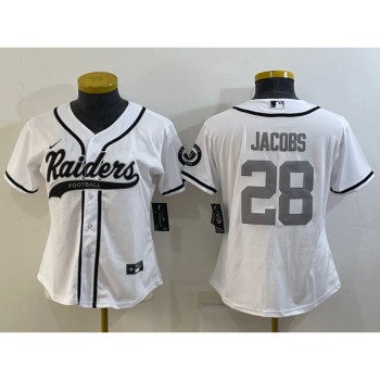 Youth Las Vegas Raiders #28 Josh Jacobs White Silver With Patch Cool Base Stitched Baseball Jersey Youth Las Vegas Raiders #28 Josh Jacobs White Silver With Patch Cool Base Stitched Baseball Jersey