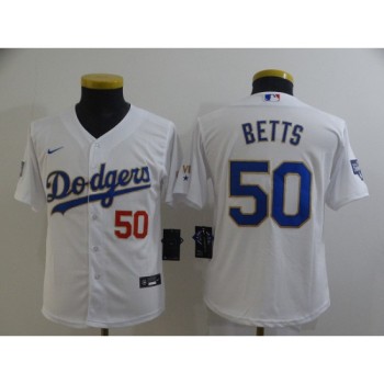 Youth Los Angeles Dodgers #50 Mookie Betts White Gold Championship Cool Base Stitched Jersey Youth Los Angeles Dodgers #50 Mookie Betts White Gold Championship Cool Base Stitched Jersey