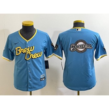 Youth Milwaukee Brewers Powder Blue Team Big Logo City Connect Stitched Jersey Youth Milwaukee Brewers Powder Blue Team Big Logo City Connect Stitched Jersey