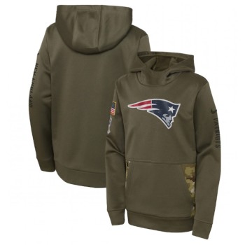 Youth New England Patriots 2022 Olive Salute to Service Therma Performance Pullover Hoodie Youth New England Patriots 2022 Olive Salute to Service Therma Performance Pullover Hoodie