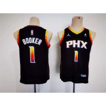 Youth Phoenix Suns #1 Devin Booker Black 2022/23 Statement Edition Stitched Basketball Jersey Youth Phoenix Suns #1 Devin Booker Black 2022/23 Statement Edition Stitched Basketball Jersey