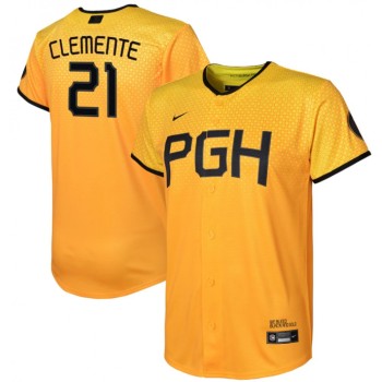 Youth Pittsburgh Pirates #21 Roberto Clemente Gold 2023 City Connect Stitched Jersey Youth Pittsburgh Pirates #21 Roberto Clemente Gold 2023 City Connect Stitched Jersey
