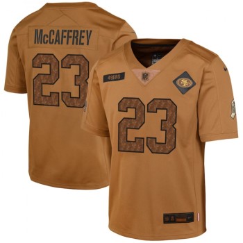 Youth San Francisco 49ers #23 Christian McCaffrey 2023 Brown Salute To Service Limited Stitched Football Jersey Youth San Francisco 49ers #23 Christian McCaffrey 2023 Brown Salute To Service Limited Stitched Football Jersey