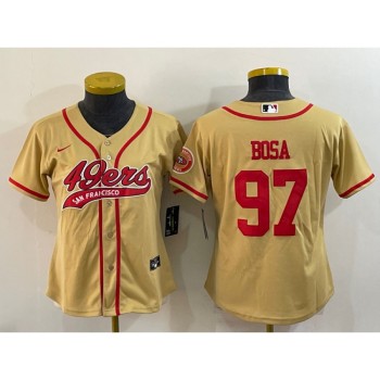 Youth San Francisco 49ers #97 Nick Bosa Gold With Patch Cool Base Stitched Baseball Jersey Youth San Francisco 49ers #97 Nick Bosa Gold With Patch Cool Base Stitched Baseball Jersey