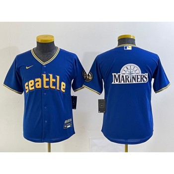 Youth Seattle Mariners Royal 2023 City Connect Team Big Logo Stitched Baseball Jersey Youth Seattle Mariners Royal 2023 City Connect Team Big Logo Stitched Baseball Jersey
