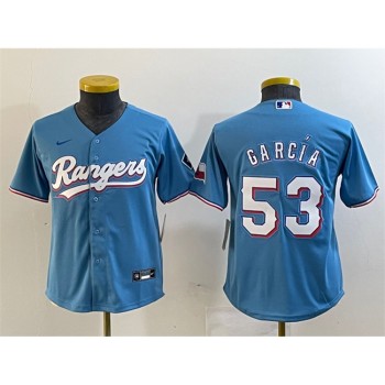Youth Texas Rangers #53 Adolis Garcia Blue With Patch Stitched Baseball Jersey Youth Texas Rangers #53 Adolis Garcia Blue With Patch Stitched Baseball Jersey