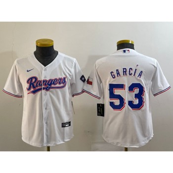 Youth Texas Rangers #53 Adolis Garcia White With Patch Stitched Baseball Jersey Youth Texas Rangers #53 Adolis Garcia White With Patch Stitched Baseball Jersey