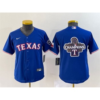 Youth Texas Rangers Royal 2023 World Series Champions Big Logo With Patch Stitched Baseball Jersey Youth Texas Rangers Royal 2023 World Series Champions Big Logo With Patch Stitched Baseball Jersey