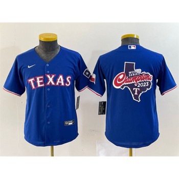 Youth Texas Rangers Royal 2023 World Series Champions Big Logo With Patch Stitched Baseball Jersey Youth Texas Rangers Royal 2023 World Series Champions Big Logo With Patch Stitched Baseball Jersey