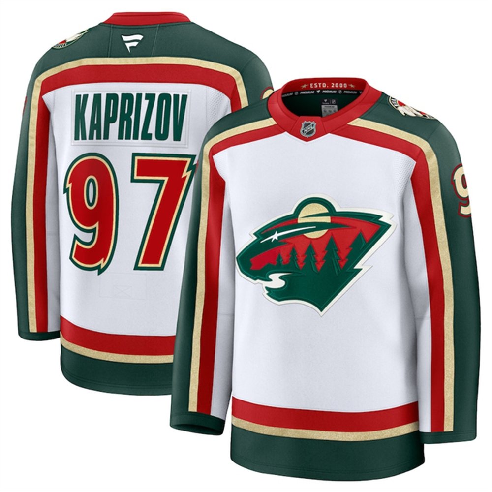 Men's Minnesota Wild #97 Kirill Kaprizov White 2025 25th Anniversary Stitched Hockey Premium Jersey Men's Minnesota Wild #97 Kirill Kaprizov White 2025 25th Anniversary Stitched Hockey Premium Jersey