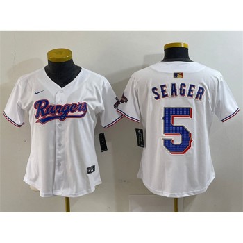 Women's Texas Rangers #5 Corey Seager White Gold Stitched Baseball Jersey(Run Small) Women's Texas Rangers #5 Corey Seager White Gold Stitched Baseball Jersey(Run Small)