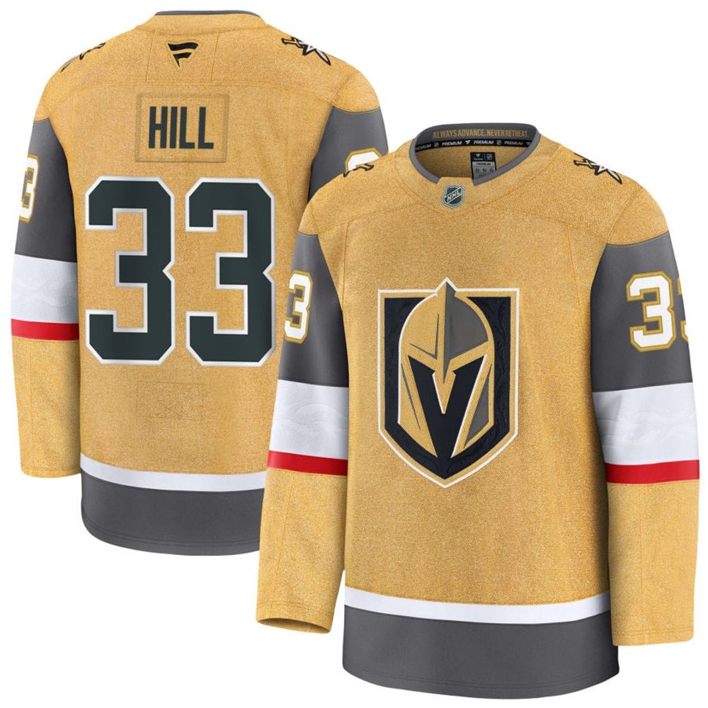 Men's Vegas Golden Knights #33 Adin Hill Gold Home Premium Jersey Men's Vegas Golden Knights #33 Adin Hill Gold Home Premium Jersey