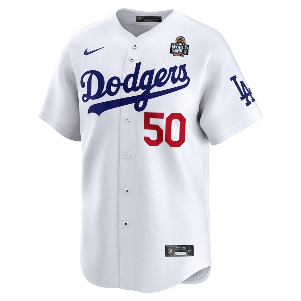 Men's Los Angeles Dodgers #50 Mookie Betts White 2024 World Series Home Limited Player Jersey