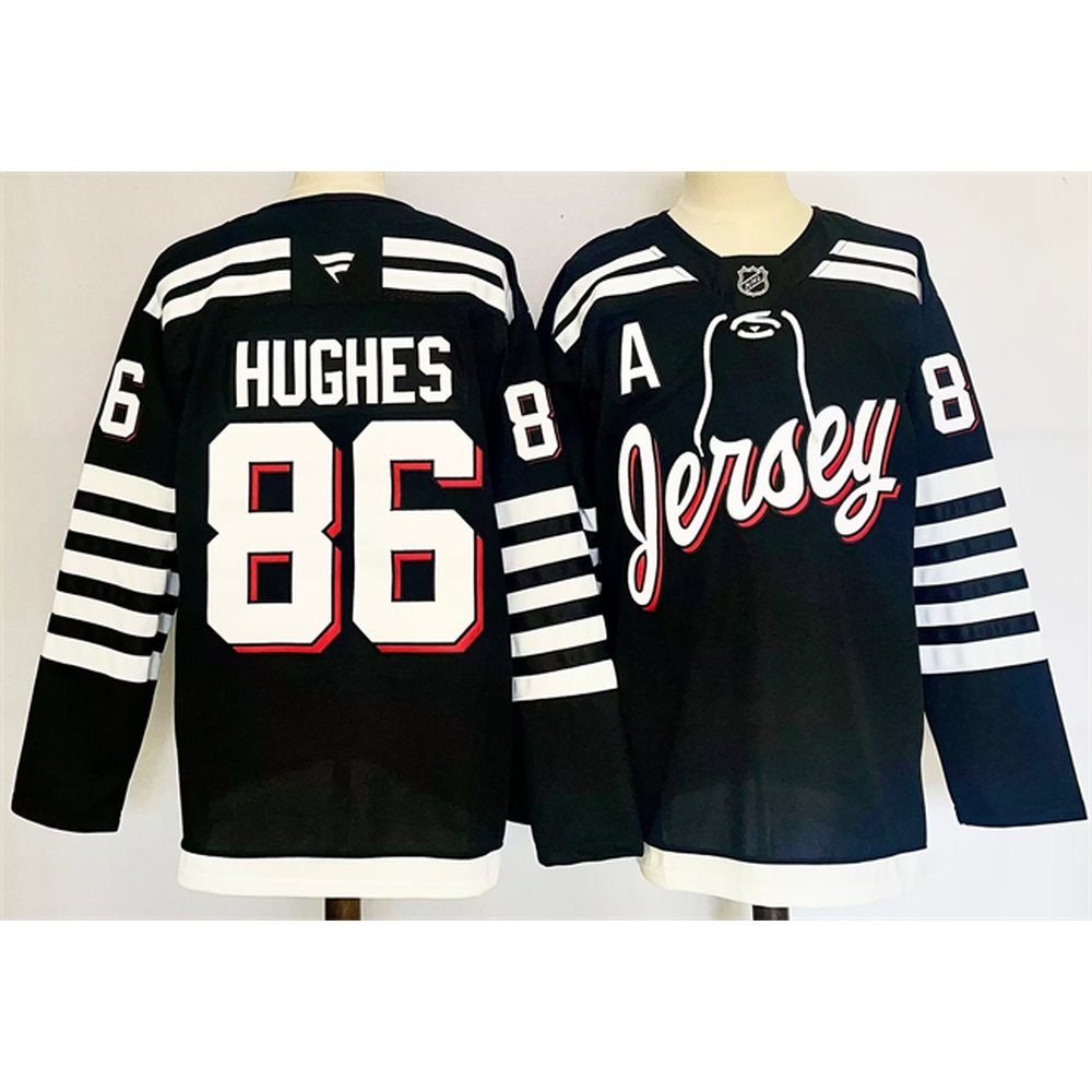 Men's New Jersey Devils #86 Jack Hughes Black 2024-25 Alternate With A Patch Stitched Hockey Premium Jersey Men's New Jersey Devils #86 Jack Hughes Black 2024-25 Alternate With A Patch Stitched Hockey Premium Jersey
