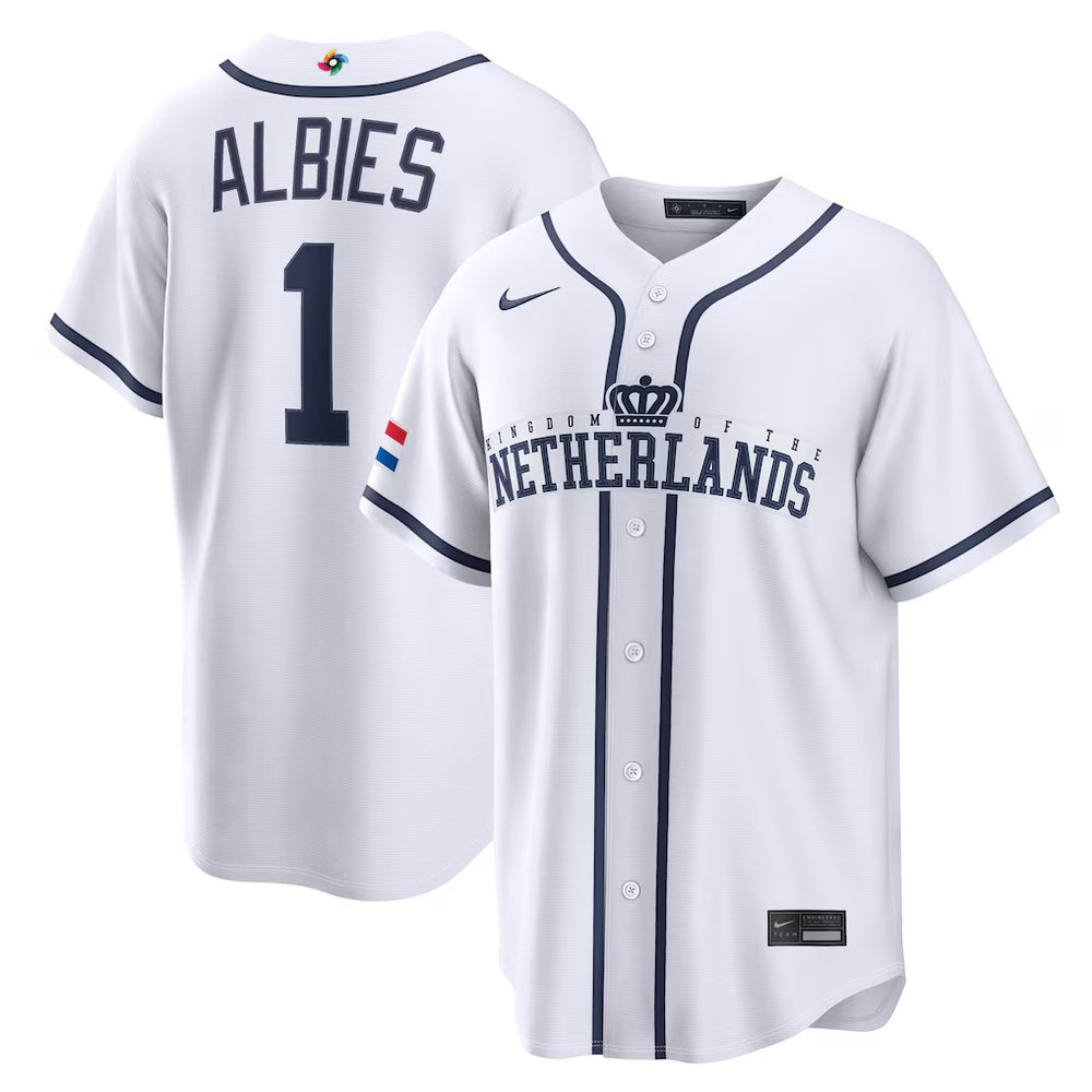 Men's Netherlands Baseball #1 Ozzie Albies White 2026 World Baseball Classic Home Stadium Jersey