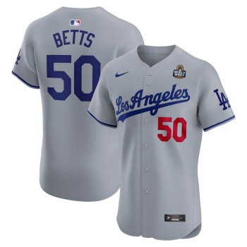 Men's Los Angeles Dodgers #50 Mookie Betts Gray 2024 World Series Road Elite Player Jersey Men's Los Angeles Dodgers #50 Mookie Betts Gray 2024 World Series Road Elite Player Jersey
