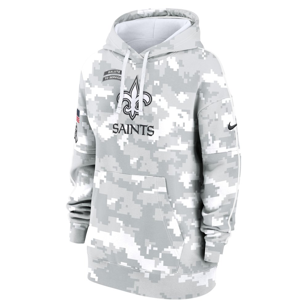 Women's New Orleans Saints Arctic Camo 2024 Salute To Service Club Fleece Pullover Hoodie Women's New Orleans Saints Arctic Camo 2024 Salute To Service Club Fleece Pullover Hoodie