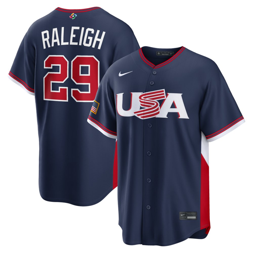 Men's USA Baseball #29 Cal Raleigh Navy 2026 World Baseball Classic Road Stadium Jersey