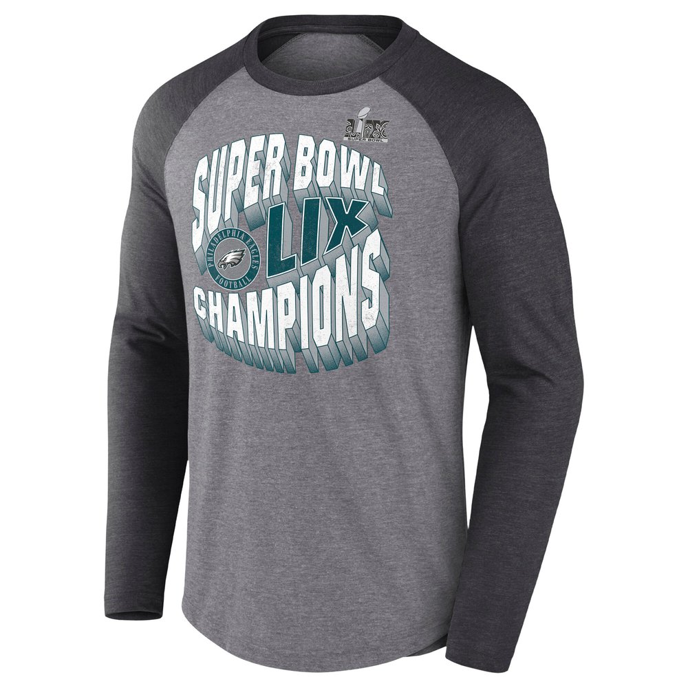 Men's Philadelphia Eagles Heather Gray Super Bowl LIX Champions Historic Win 3/4-Sleeve Raglan Tri-Blend T-Shirt Men's Philadelphia Eagles Heather Gray Super Bowl LIX Champions Historic Win 3/4-Sleeve Raglan Tri-Blend T-Shirt