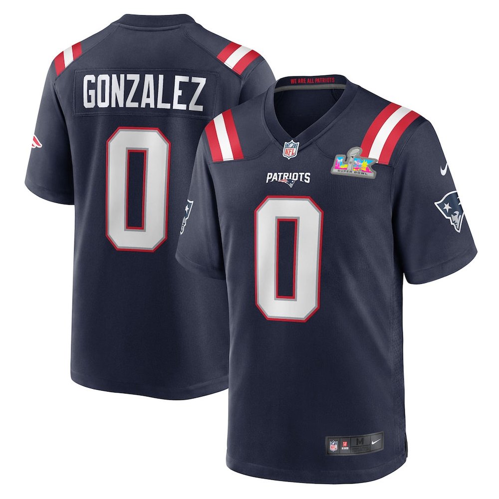 Men's New England Patriots #0 Christian Gonzalez Navy Super Bowl LX Patch Game Jersey