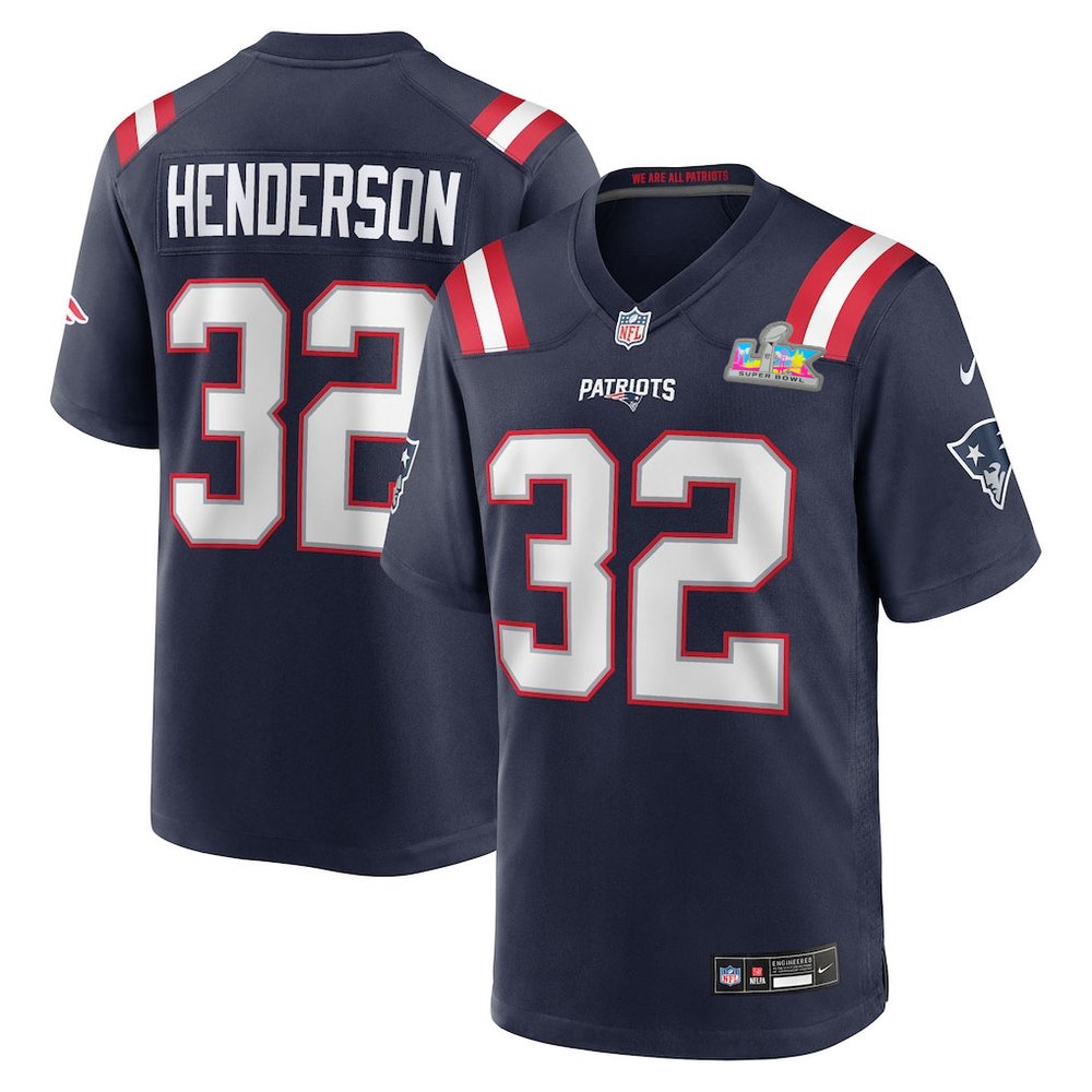 Men's New England Patriots #32 TreVeyon Henderson Navy Super Bowl LX Patch Game Jersey Men's New England Patriots #32 TreVeyon Henderson Navy Super Bowl LX Patch Game Jersey