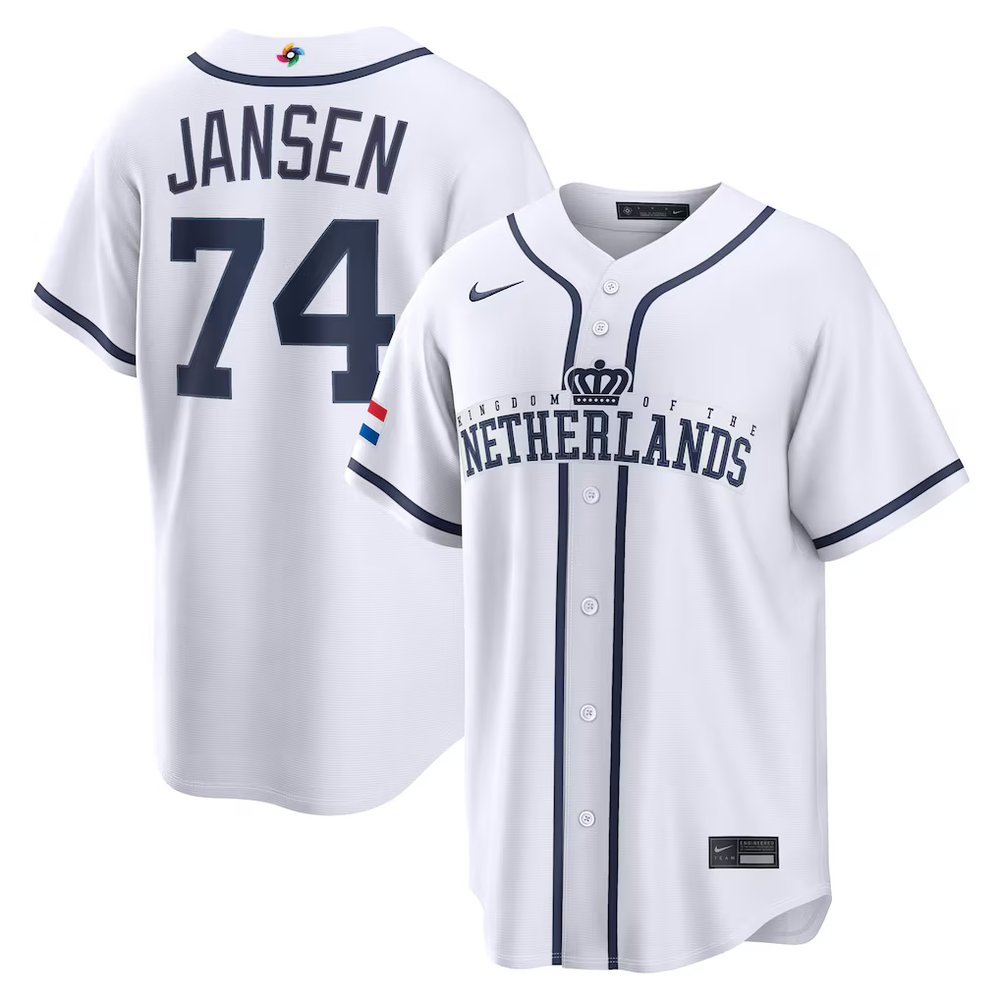 Men's Netherlands Baseball #74 Kenley Jansen White 2026 World Baseball Classic Home Stadium Jersey