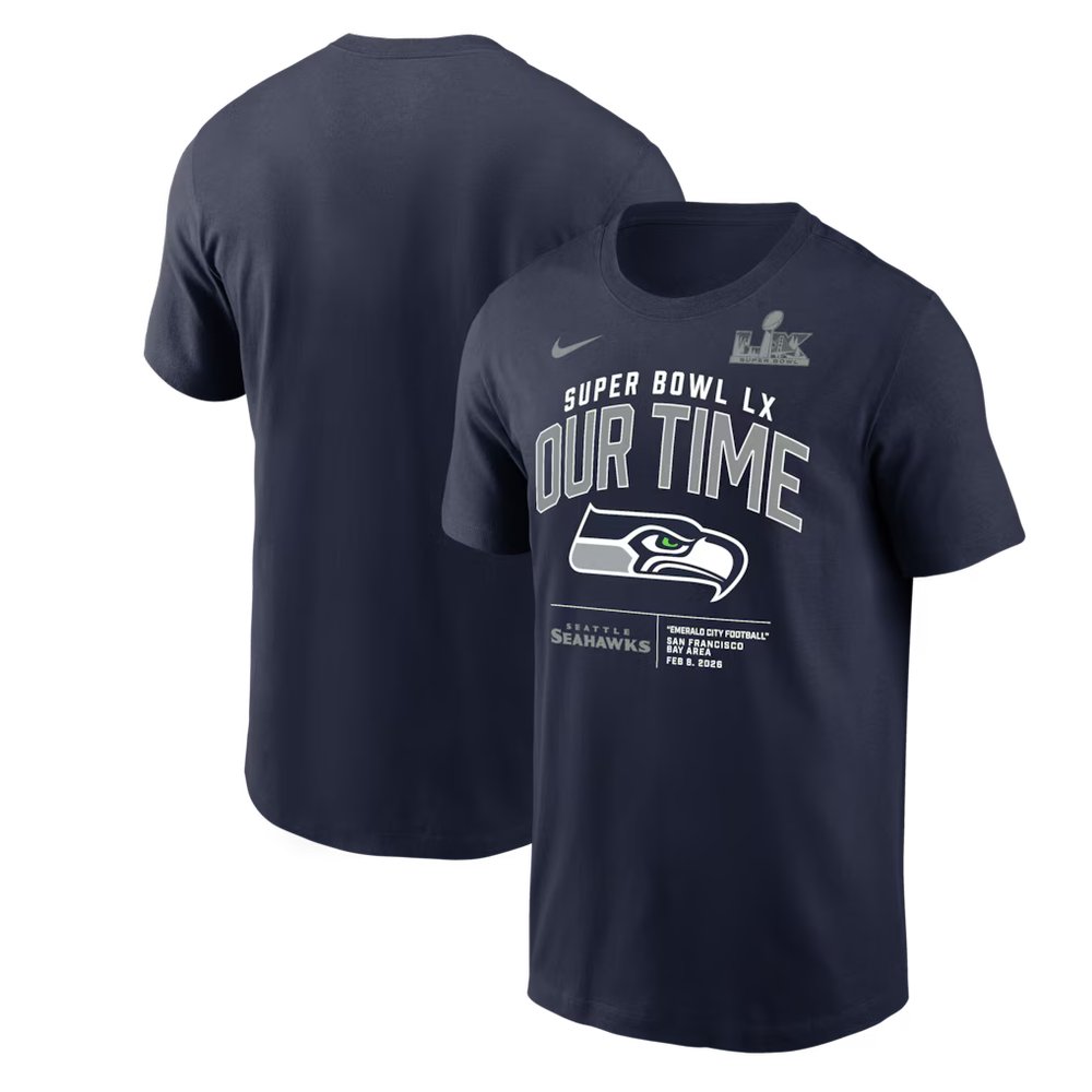 Men's Seattle Seahawks College Navy Super Bowl LX Clear Sign T-Shirt