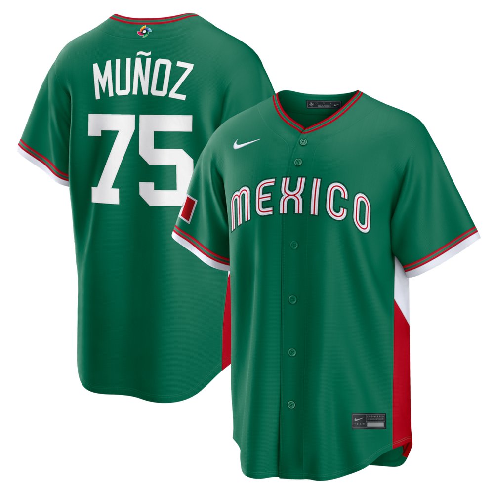 Men's Mexico Baseball #75 Andres Munoz Green 2026 World Baseball Classic Road Stadium Jersey