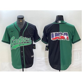 Men's Boston Celtics Team Big Logo With Patch Green/Black Split Stitched Baseball Jersey Men's Boston Celtics Team Big Logo With Patch Green/Black Split Stitched Baseball Jersey