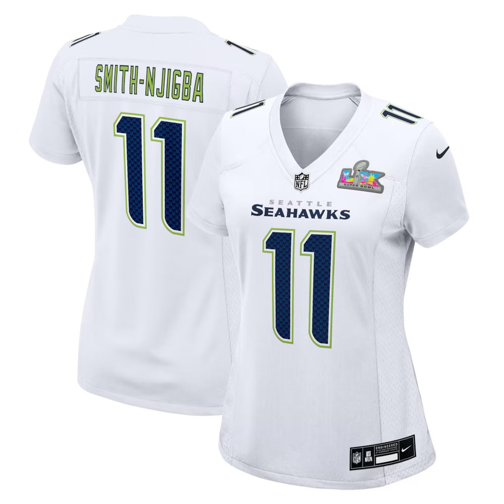 Women's Seattle Seahawks #11 Jaxon Smith-Njigba White Super Bowl LX Patch Tundra Fashion Game Jersey