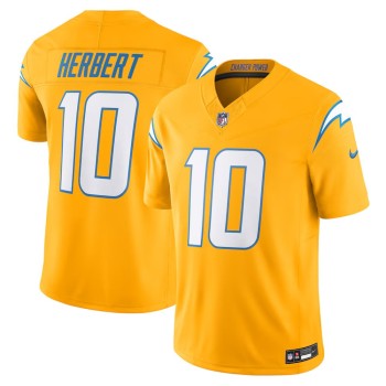 Men's Los Angeles Chargers #10 Justin Herbert Nike Gold Alternate Charger Power Vapor F.U.S.E. Limited Jersey Men's Los Angeles Chargers #10 Justin Herbert Nike Gold Alternate Charger Power Vapor F.U.S.E. Limited Jersey