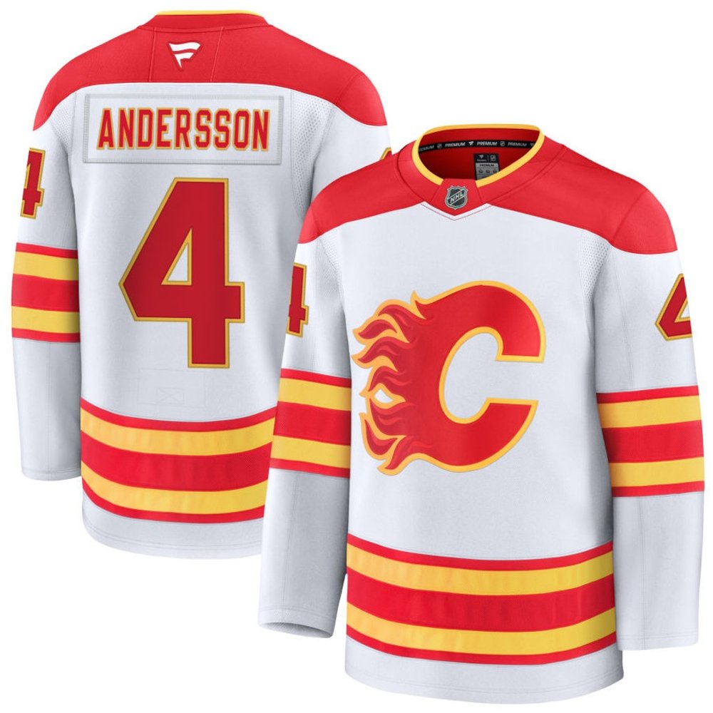 Men's Calgary Flames #4 Rasmus Andersson White Away Premium Jersey Men's Calgary Flames #4 Rasmus Andersson White Away Premium Jersey