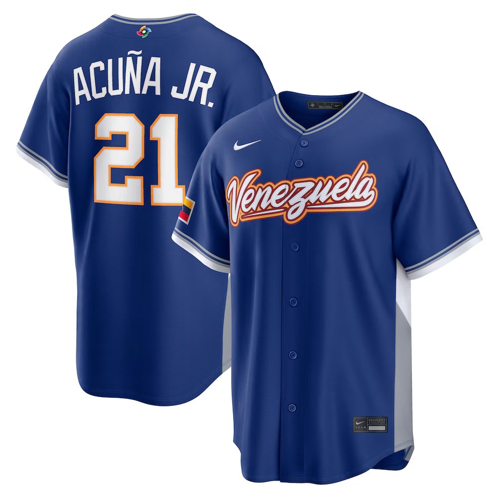 Men's Venezuela Baseball #21 Ronald Acuna Jr. Royal 2026 World Baseball Classic Road Stadium Jersey